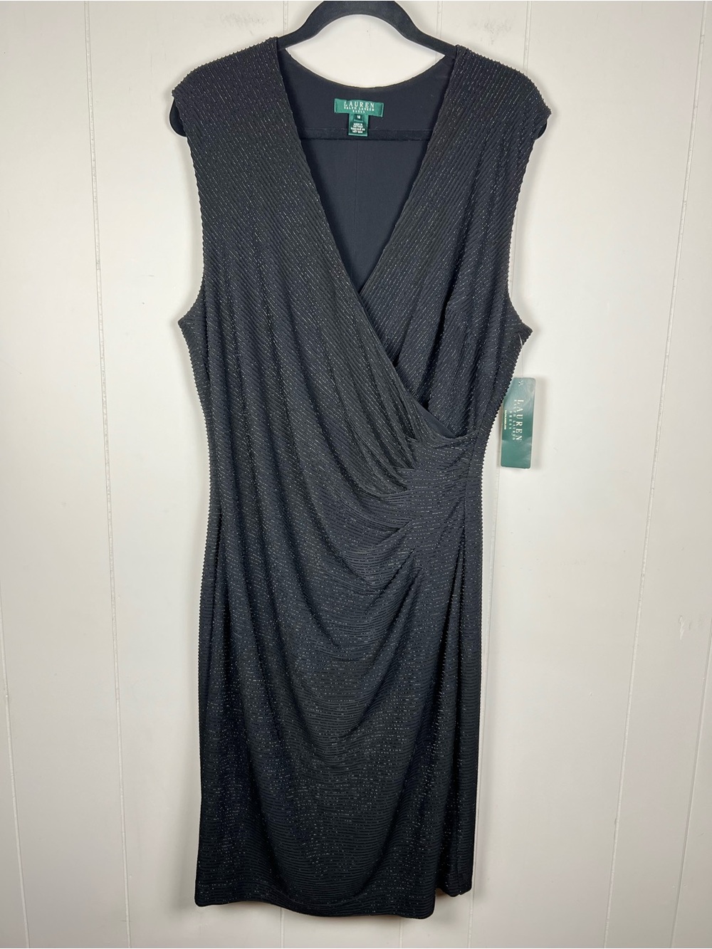 Ralph Lauren Black Sleeveless Draped Midi Dress with Subtle Shimmer Size 16